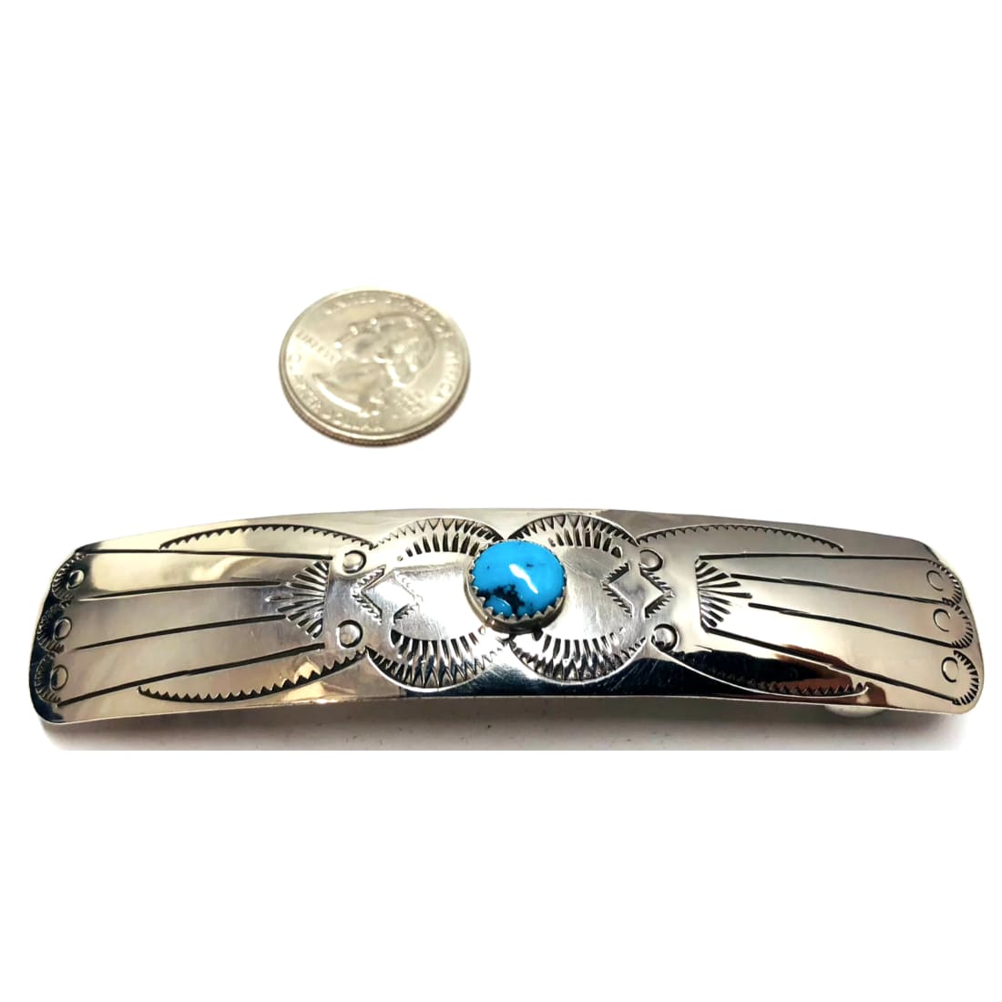 Navajo Sterling Hair Barrette Kingman Turquoise Native American Hand Stamped Native American