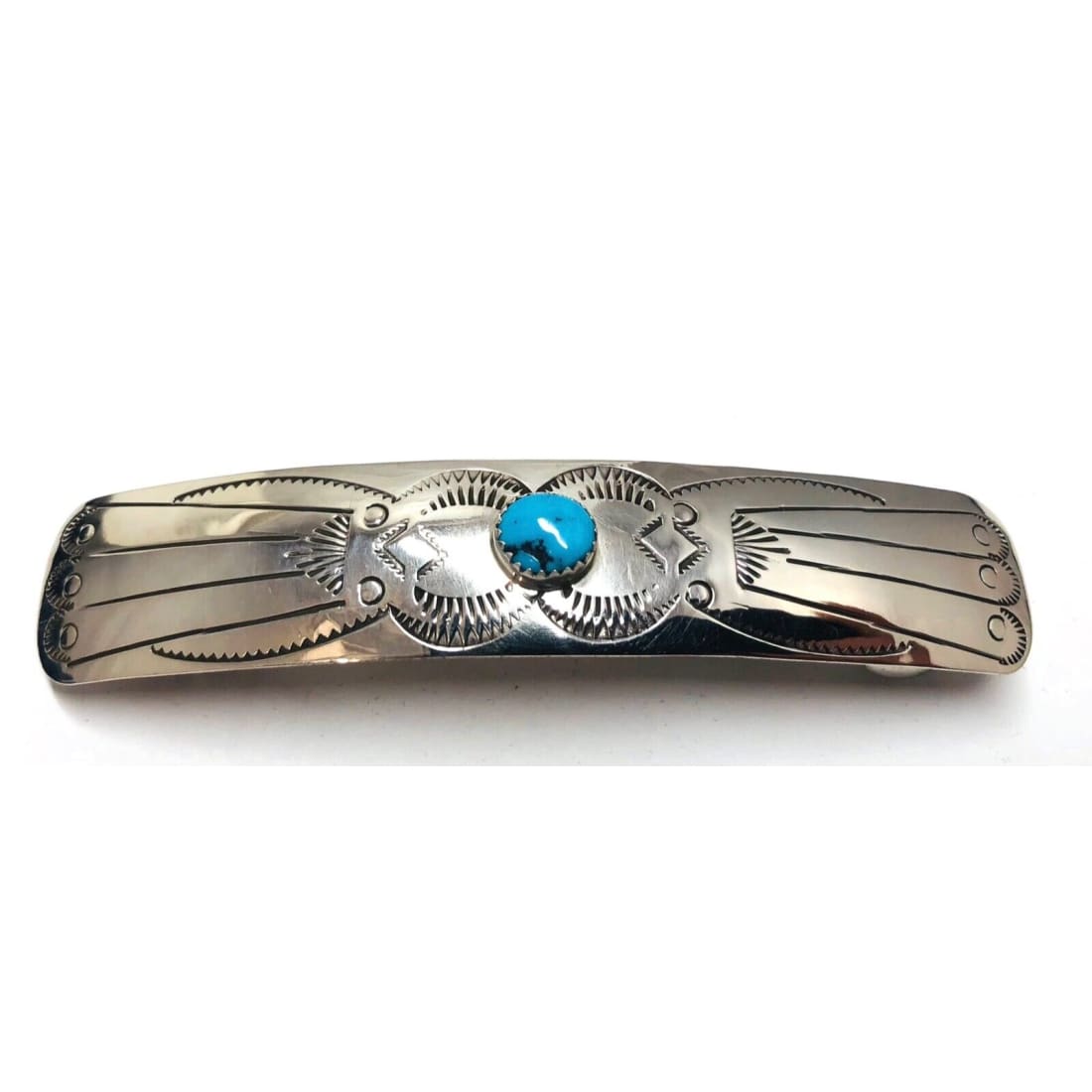 Navajo Sterling Hair Barrette Kingman Turquoise Native American Hand Stamped Native American