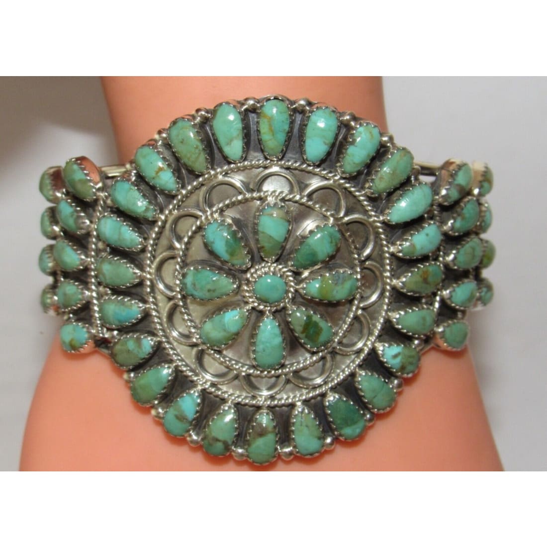 Navajo Turquoise Cluster Cuff Bracelet Sterling Silver