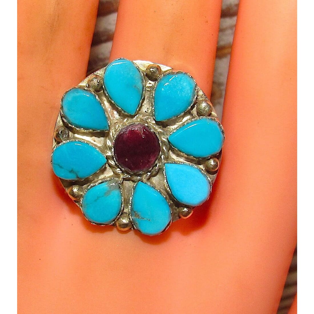 Navajo Turquoise Cluster Ring Sz 9.5 Purple Spiny Oyster