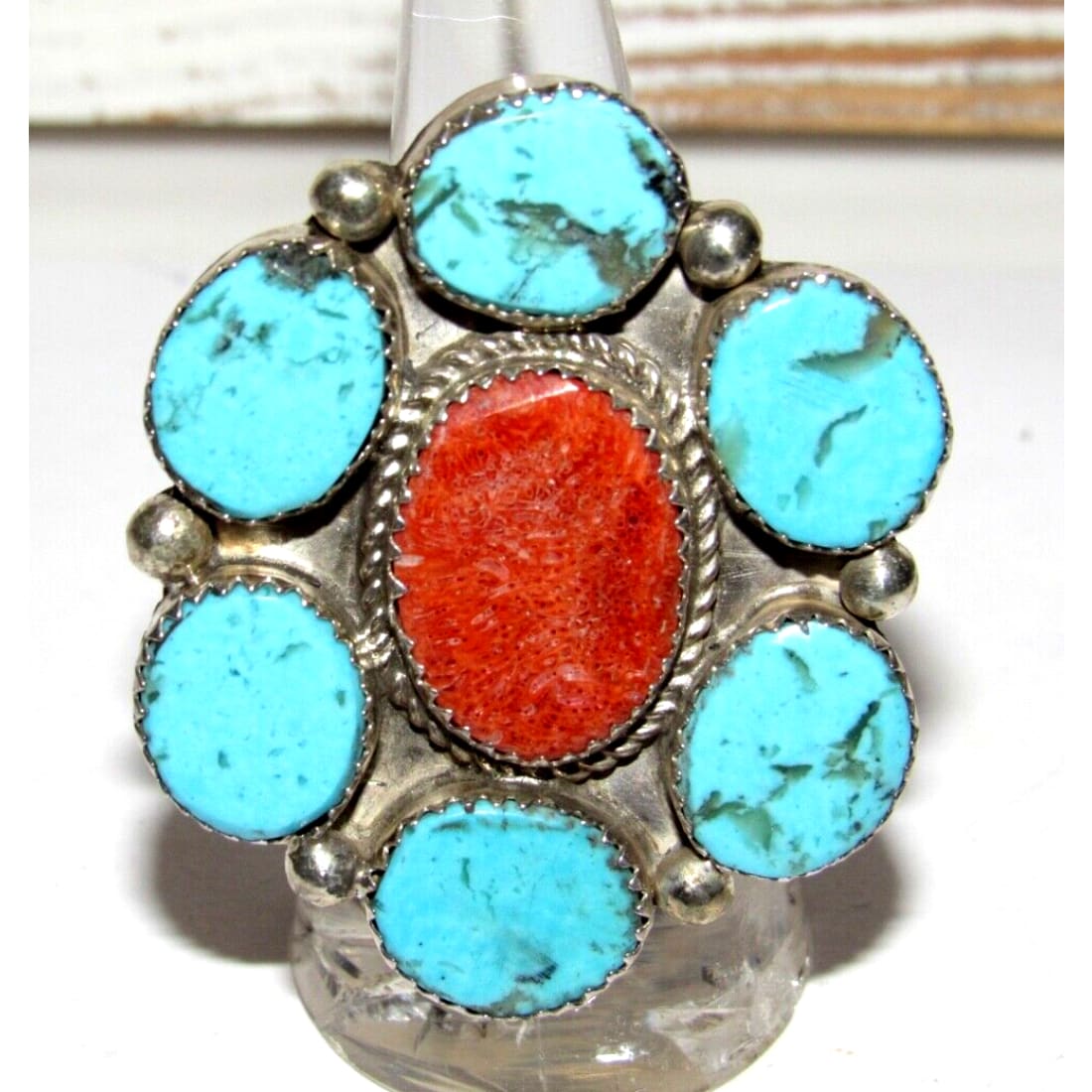 Navajo Turquoise Cluster Statement Ring Sz 8.5 Sterling
