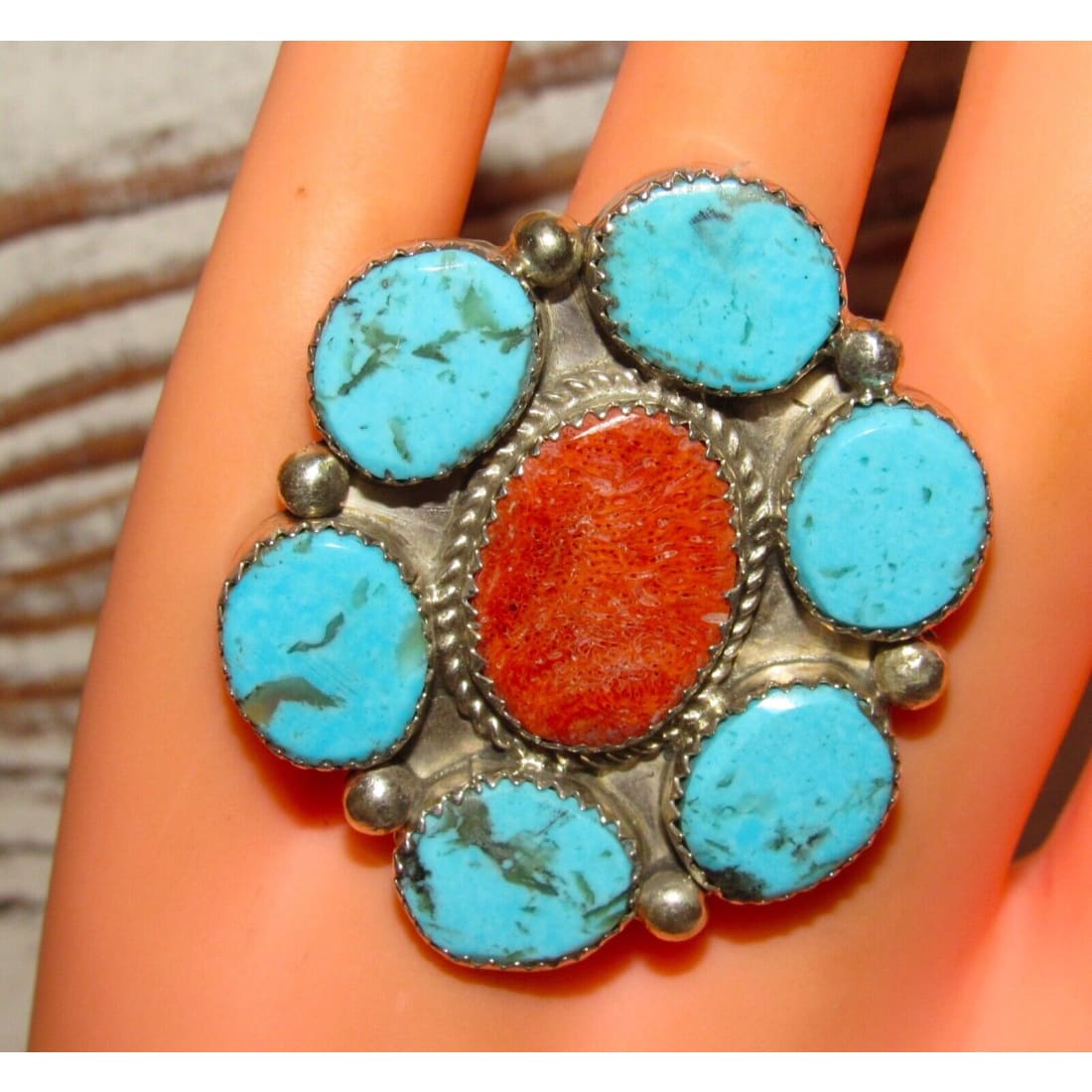 Navajo Turquoise Cluster Statement Ring Sz 8.5 Sterling