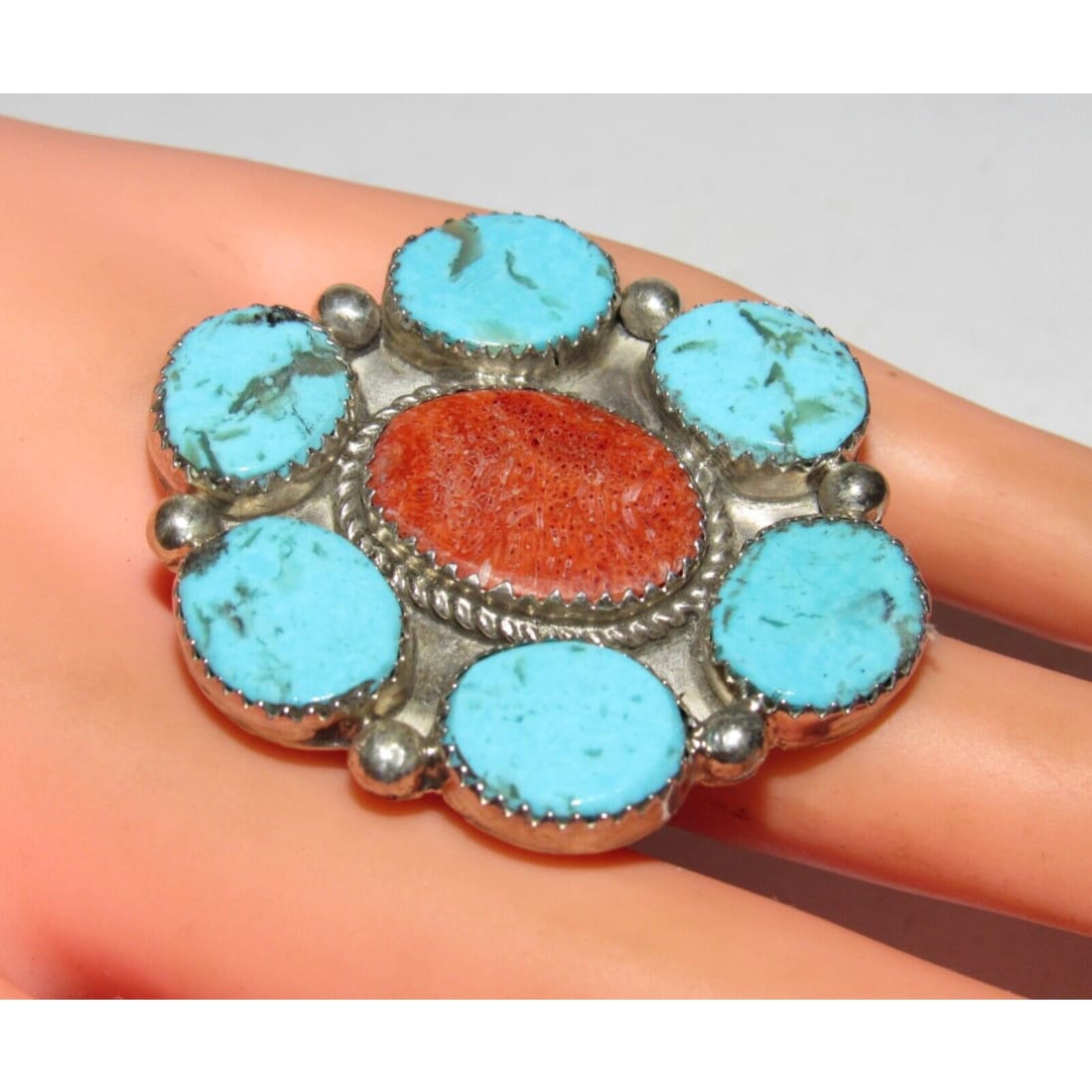 Navajo Turquoise Cluster Statement Ring Sz 8.5 Sterling