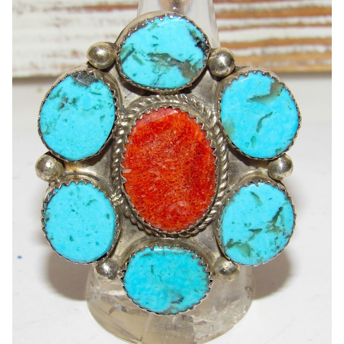 Signed hot Navajo coral and turquoise in sterling ring