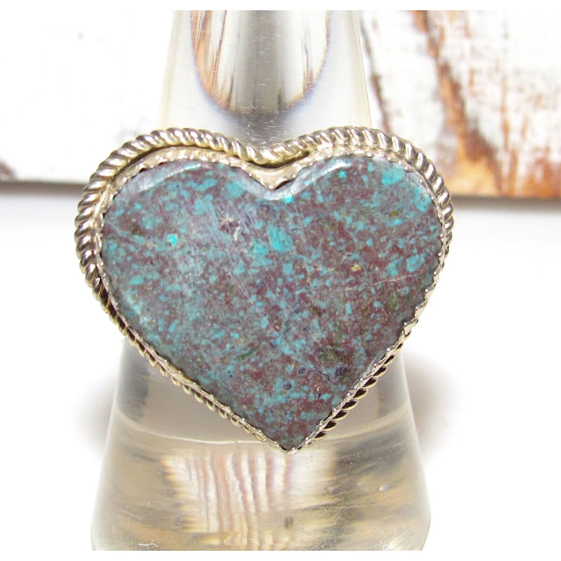 Navajo Turquoise Heart Ring Sz 7.5 Sterling Silver Signed