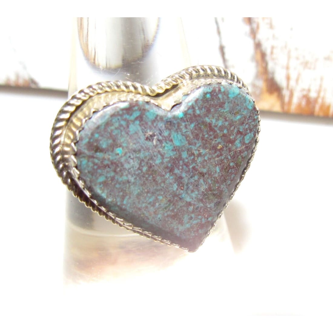 Navajo Turquoise Heart Ring Sz 7.5 Sterling Silver Signed
