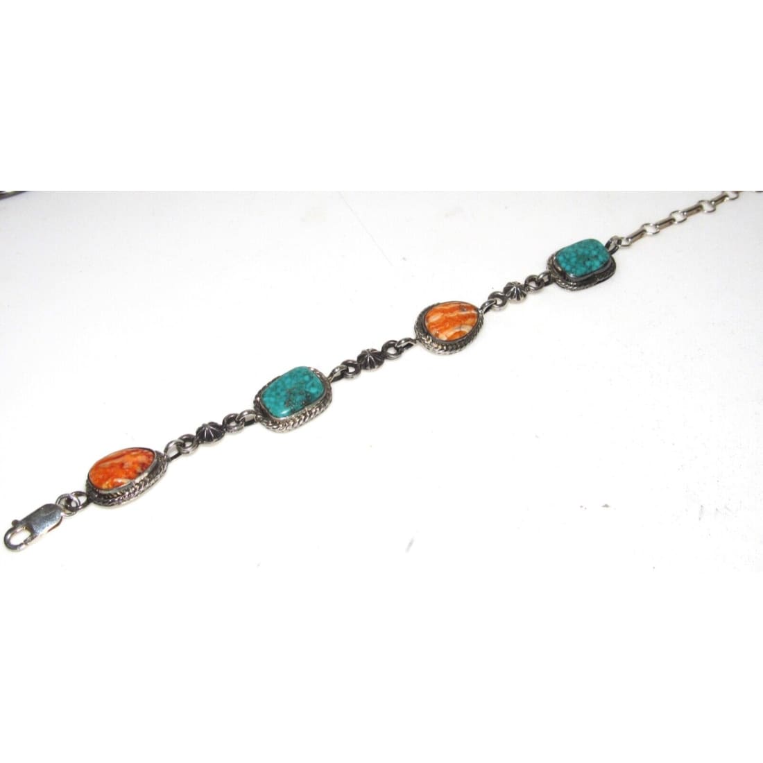 Navajo Turquoise & Spiny Adjustable Link Bracelet Sterling