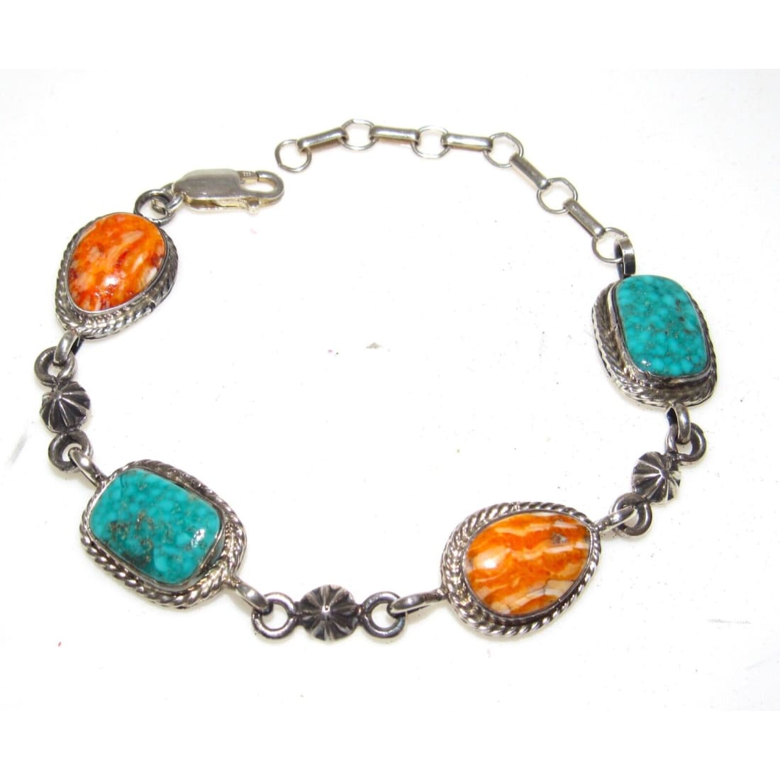 Navajo Turquoise & Spiny Adjustable Link Bracelet Sterling