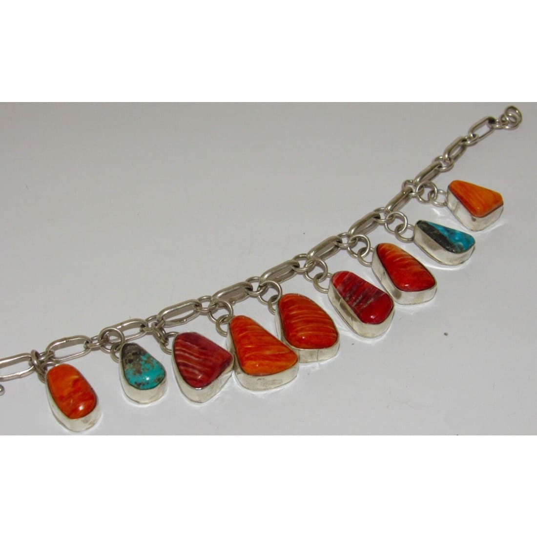 Navajo Turquoise & Spiny Charm Link Bracelet Sterling Silver