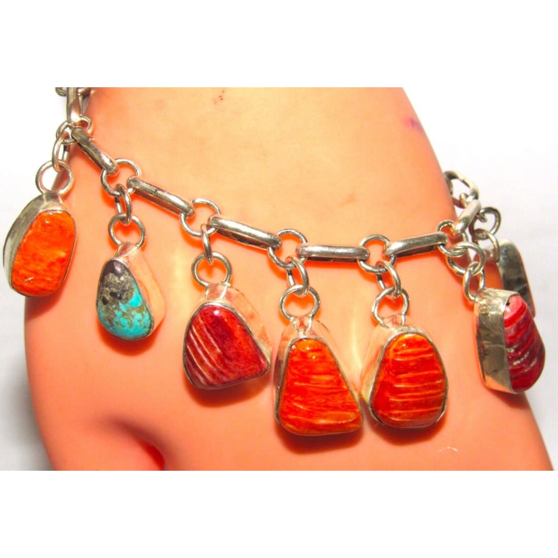 Navajo Turquoise & Spiny Charm Link Bracelet Sterling Silver