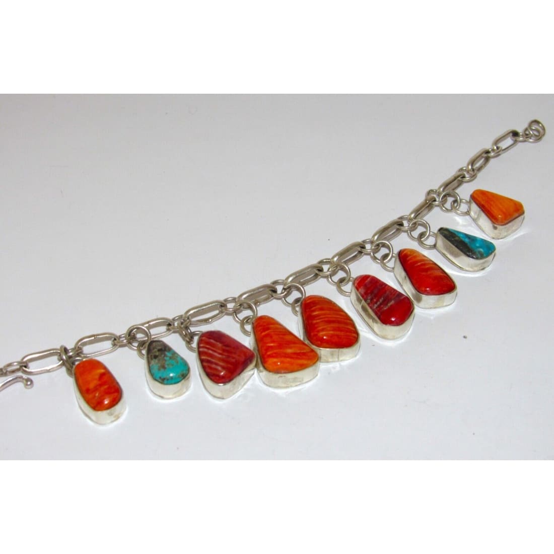 Navajo Turquoise & Spiny Charm Link Bracelet Sterling Silver