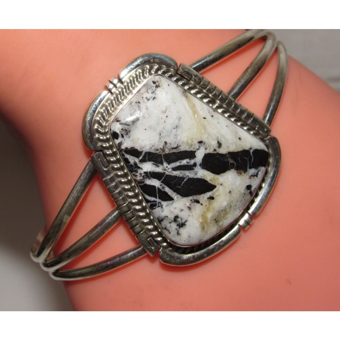 Navajo White Buffalo Statement Cuff Bracelet Sterling Silver