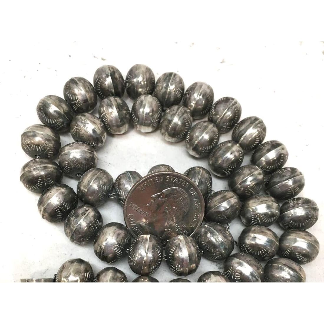 Old Pawn 12mm Navajo Pearls Necklace Hand Stamped Saucer