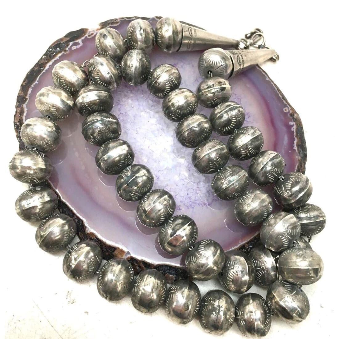 Old Pawn 12mm Navajo Pearls Necklace Hand Stamped Saucer