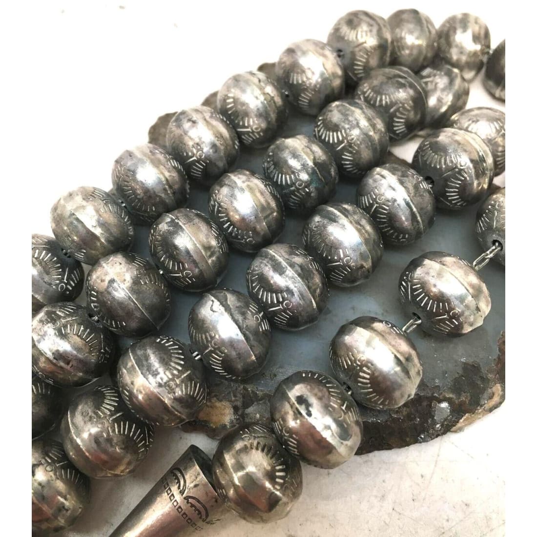 Old Pawn 12mm Navajo Pearls Necklace Hand Stamped Saucer
