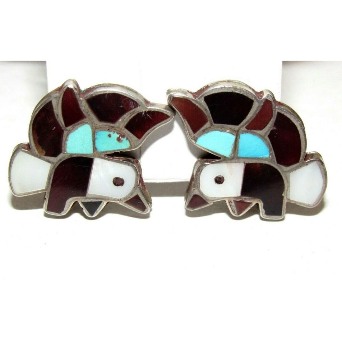 Old Pawn Zuni Bald Eagle Inlay Clip Earrings Sterling Silver Turquoise MOP Jet Native American