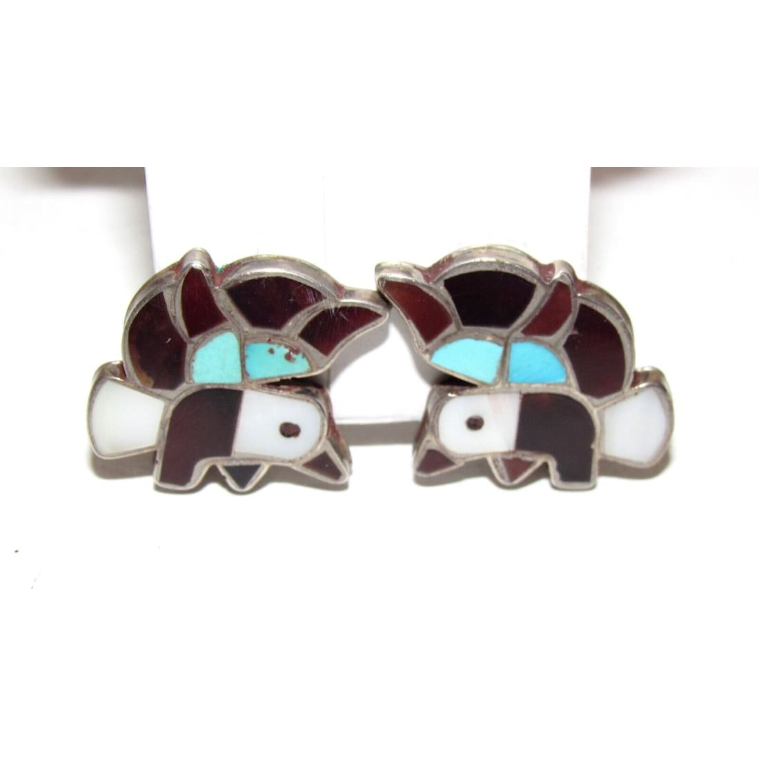 Old Pawn Zuni Bald Eagle Inlay Clip Earrings Sterling Silver Turquoise MOP Jet Native American