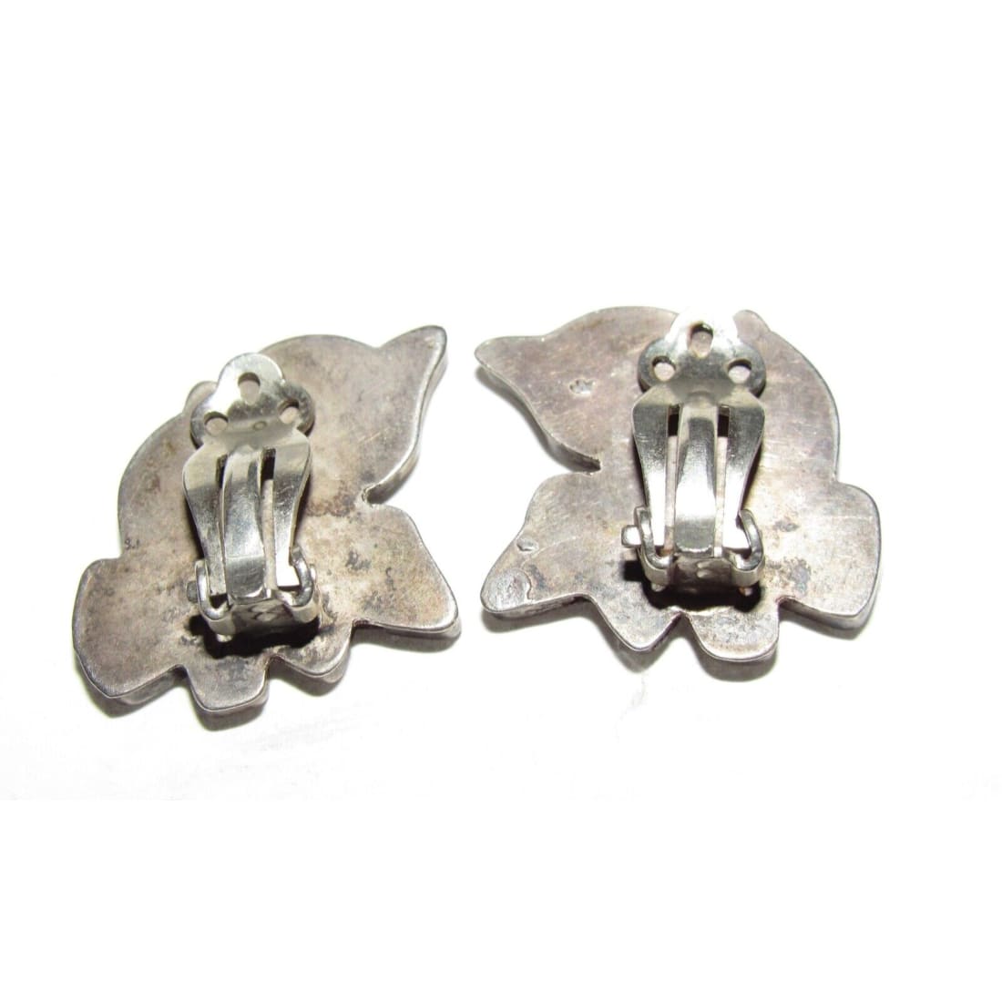 Old Pawn Zuni Bald Eagle Inlay Clip Earrings Sterling Silver Turquoise MOP Jet Native American