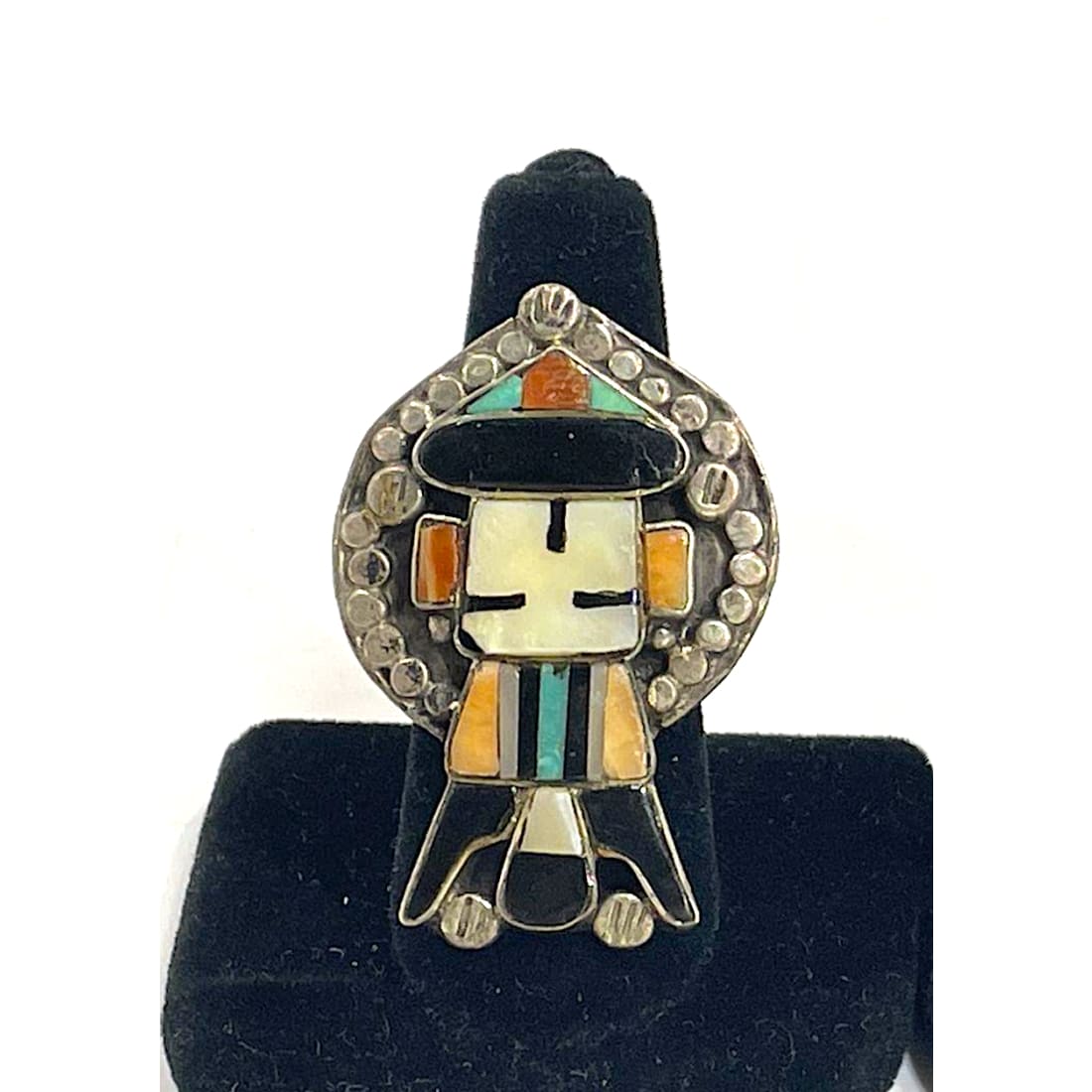 Old Pawn Zuni Inlay Kachina Ring Size 7.5 Sterling Silver