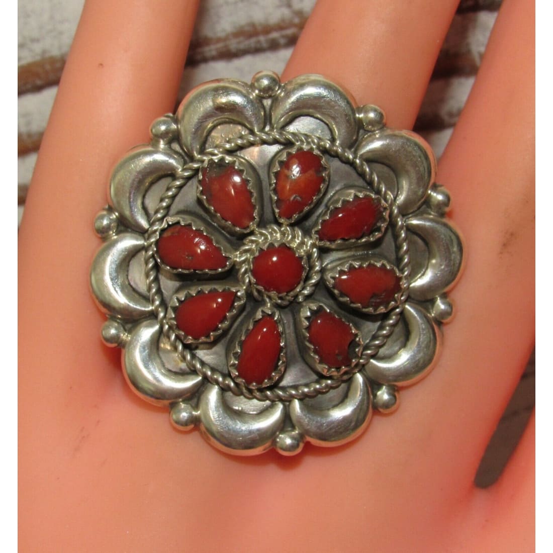Rare Navajo Eunice Wilson Coral Custer Ring Sz 7.5 Sterling
