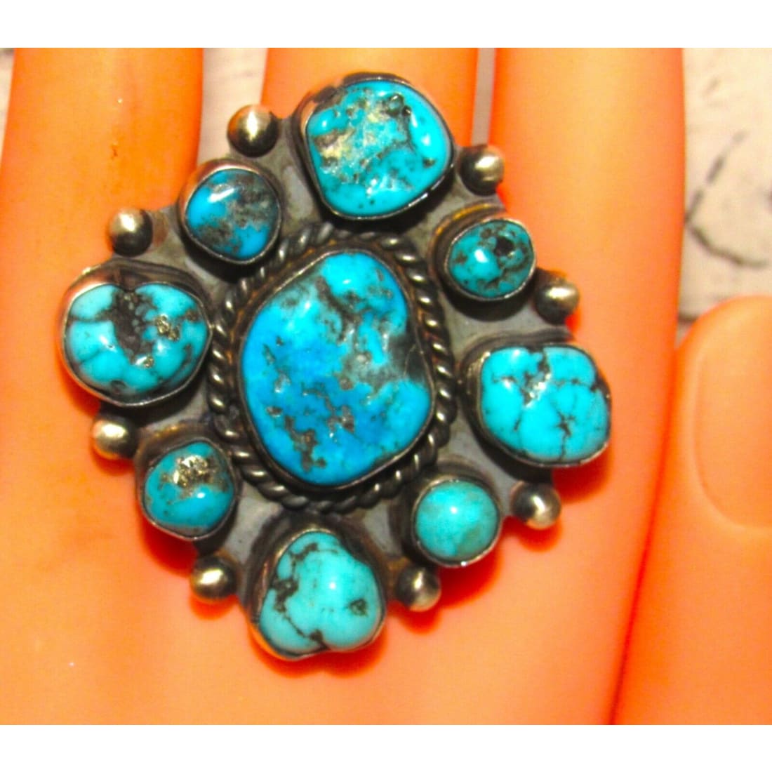 VTG Navajo Turquoise Cluster Ring Sz 10 Sleeping Beauty Mine