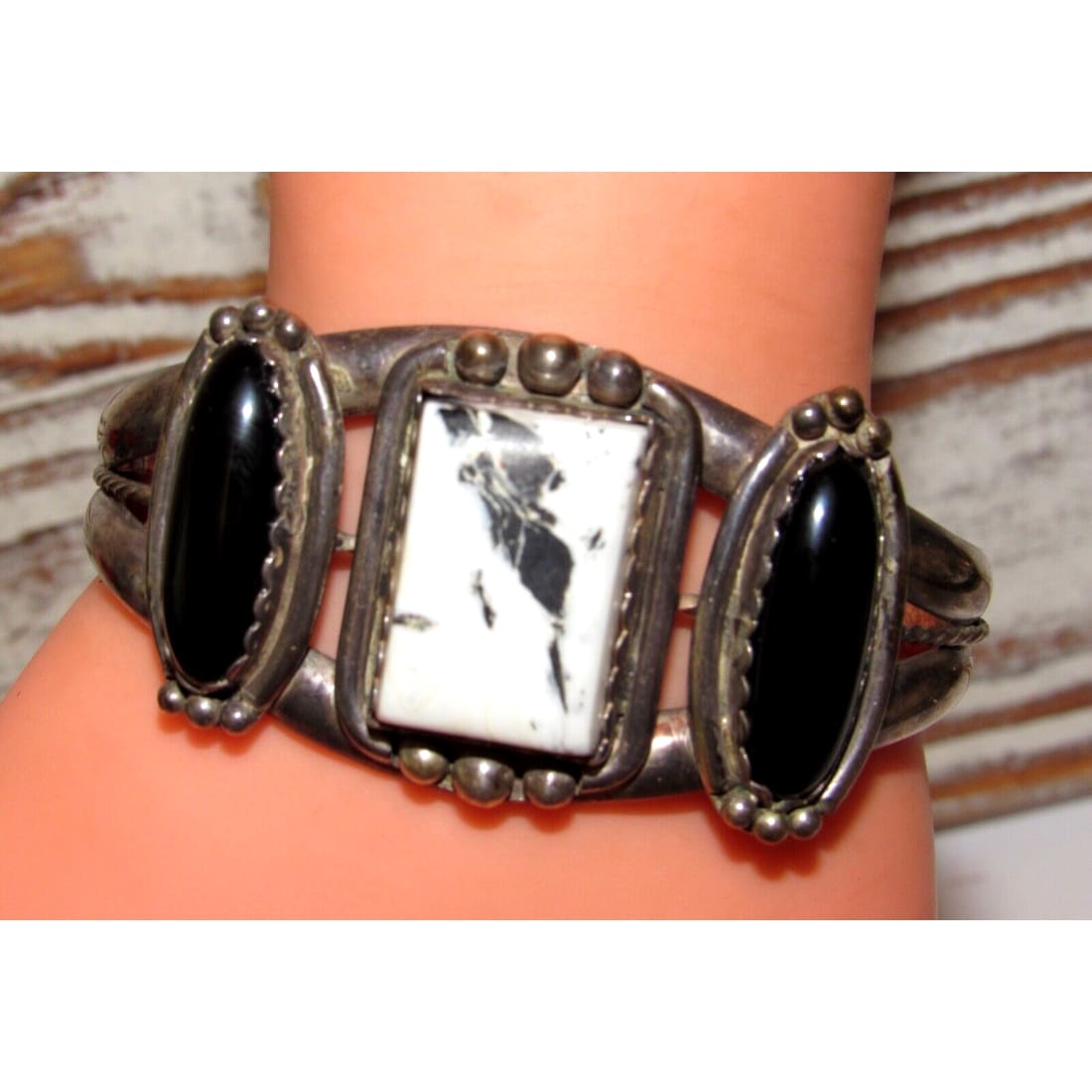 VTG Navajo White Buffalo & Onyx Statement Cuff Bracelet