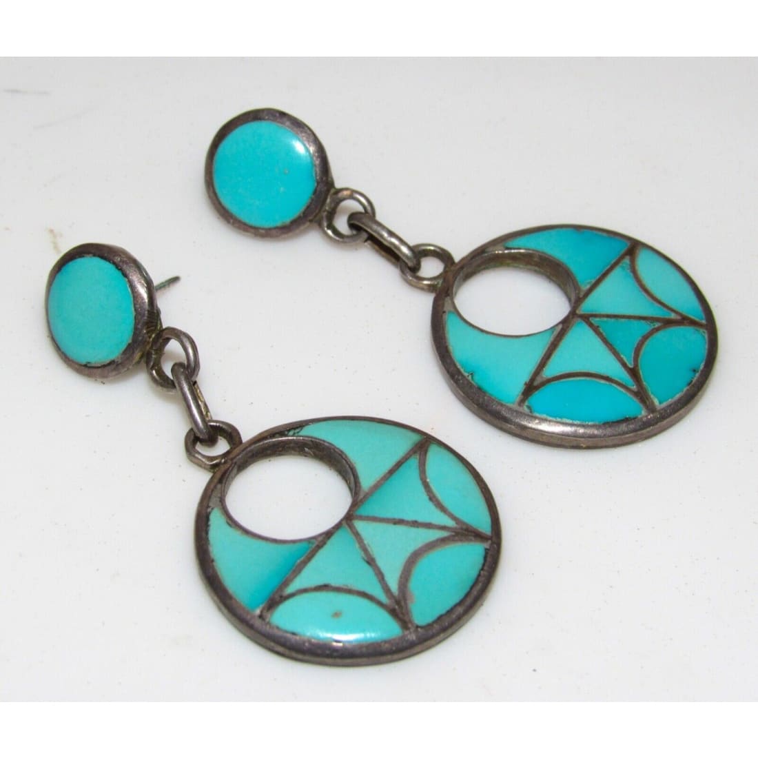 VTG Zuni Frank Vacit Inlay Turquoise Dangle Earrings Sterling Silver Native Native American