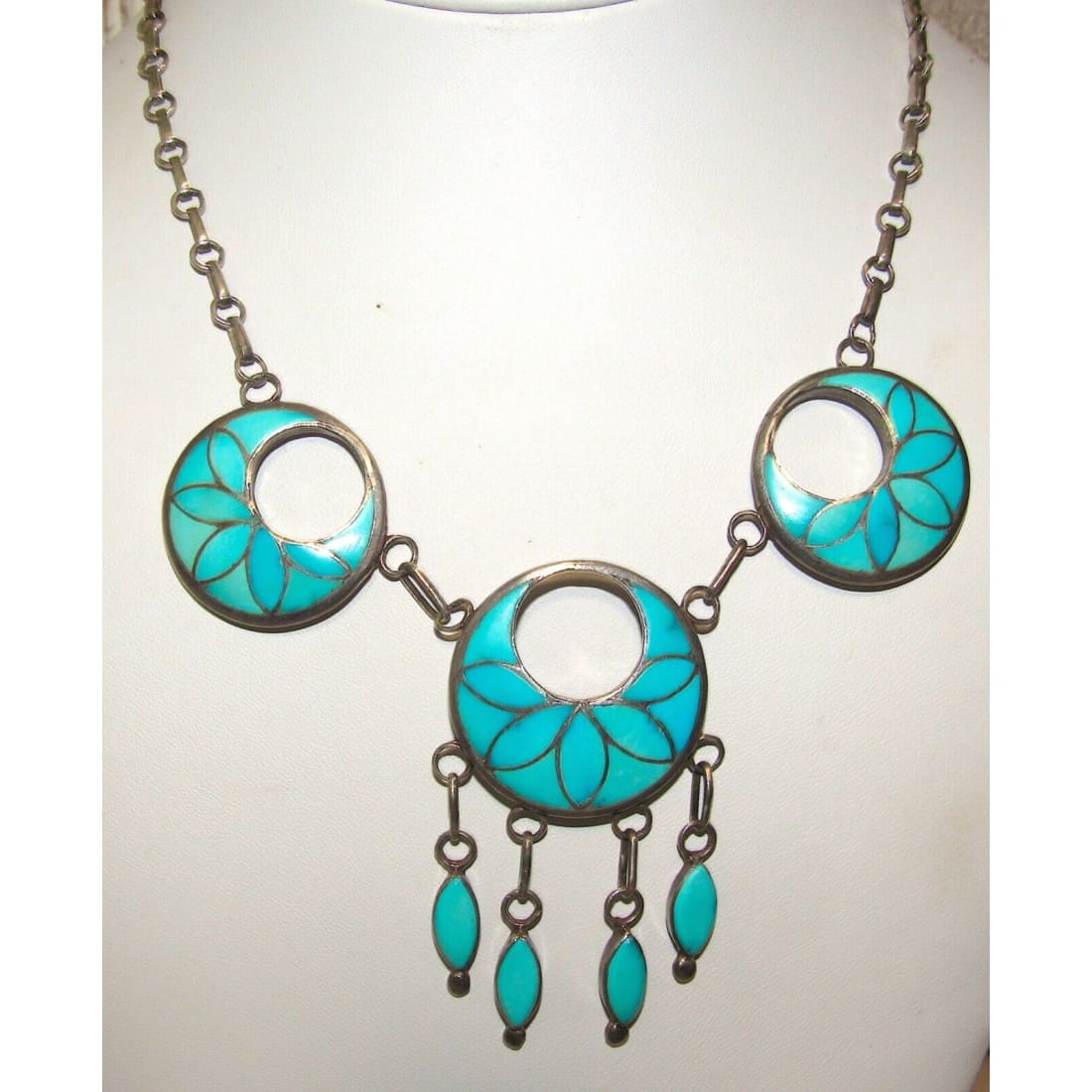 VTG Zuni Frank Vacit Inlay Turquoise Dangle Necklace