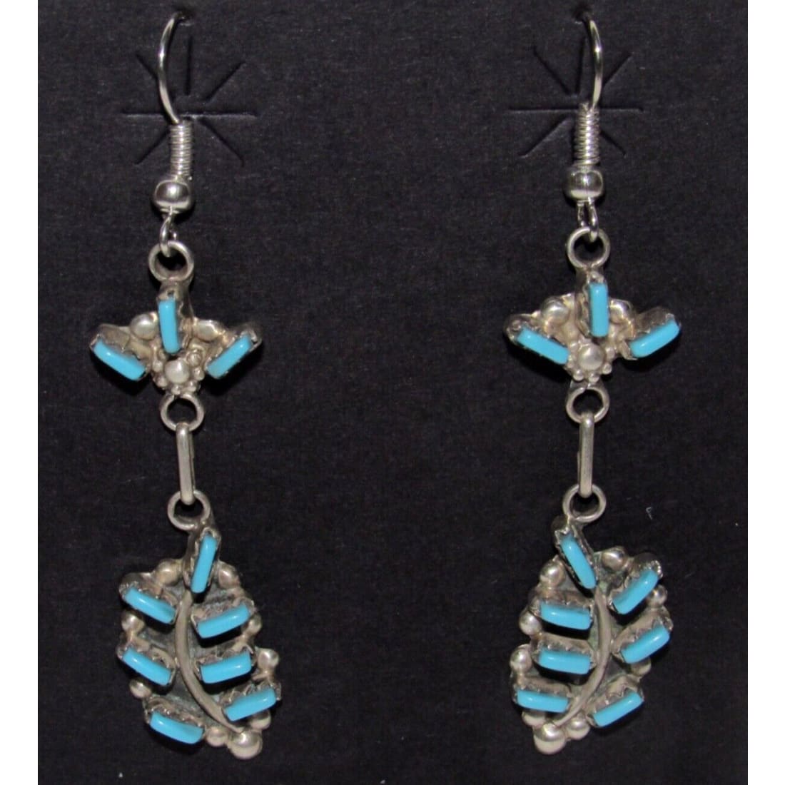 VTG Zuni Petit Point Turquoise Dangle Earrings Sterling
