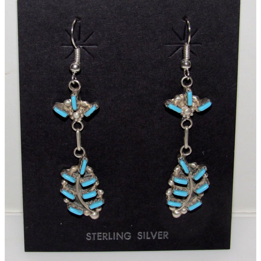 VTG Zuni Petit Point Turquoise Dangle Earrings Sterling