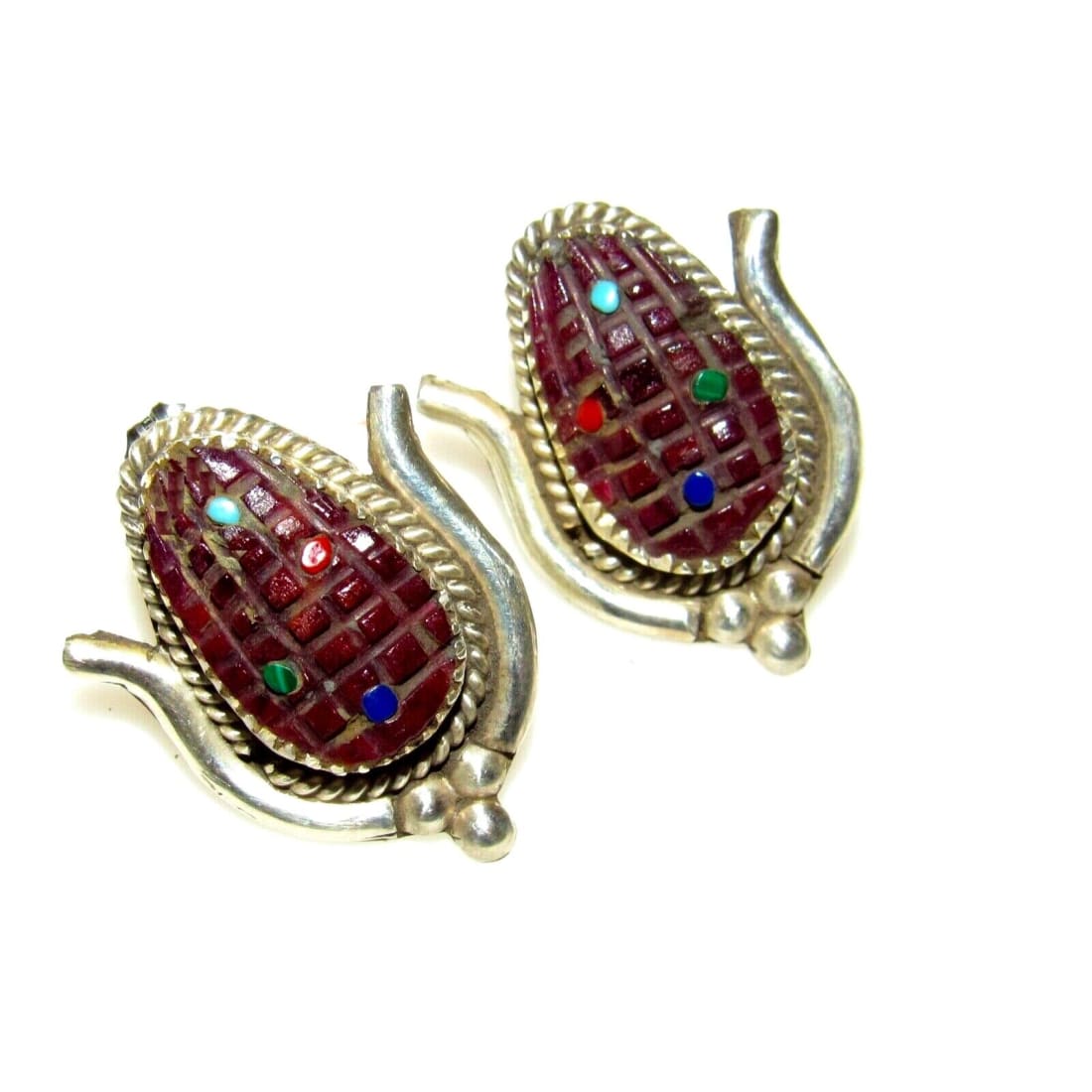 Zuni Corn Post Earrings Purple Spiny Oyster Sterling Silver Signed Native American