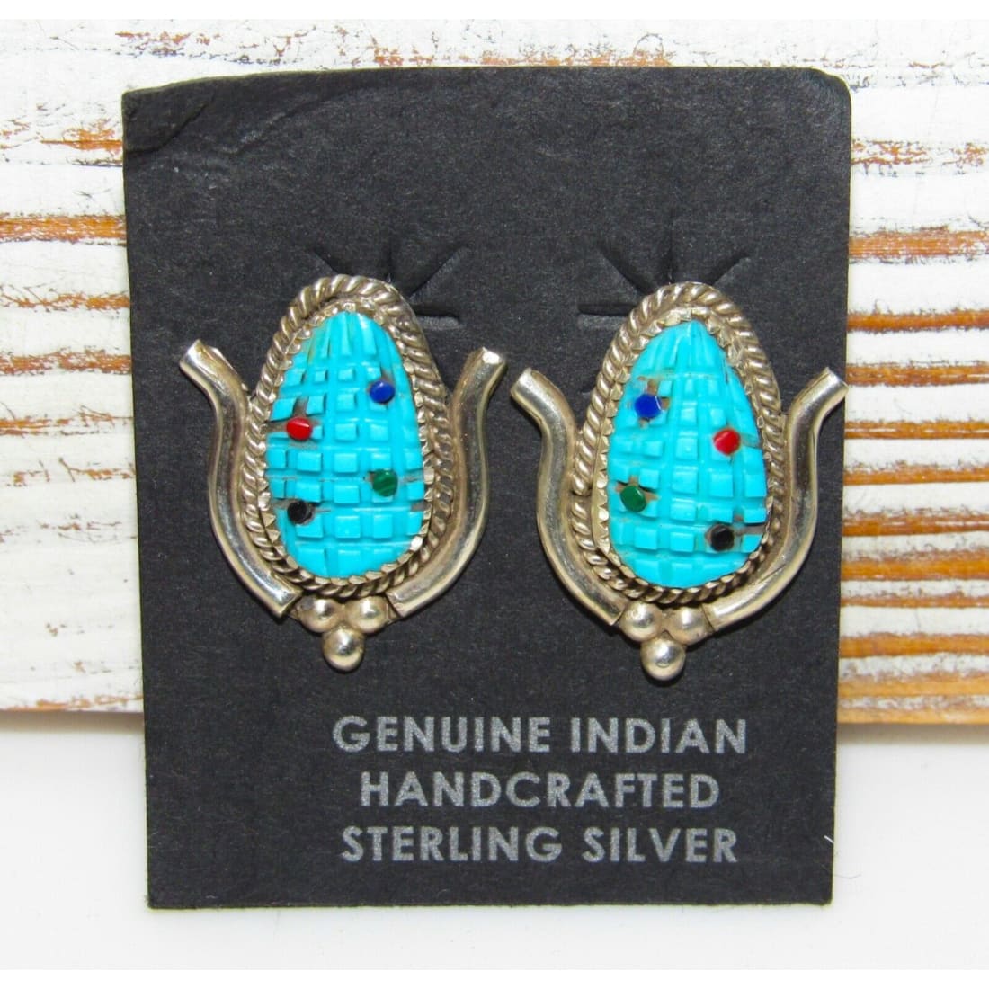 Zuni Corn Post Earrings Turquoise Sterling Silver Signed -