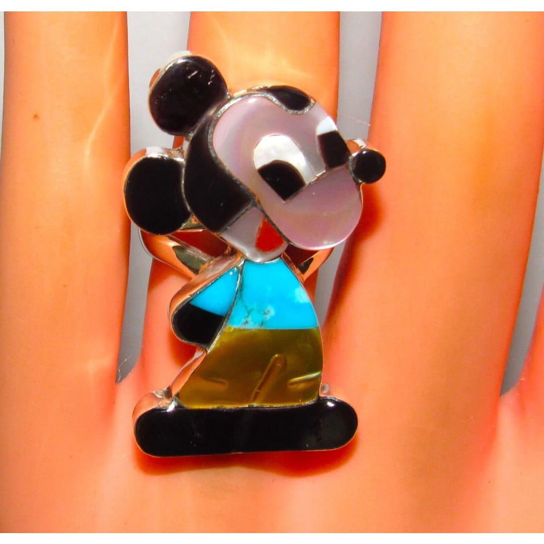 Zuni Mickey Mouse Ring Sz 6.5 P. Leekity Sterling Silver
