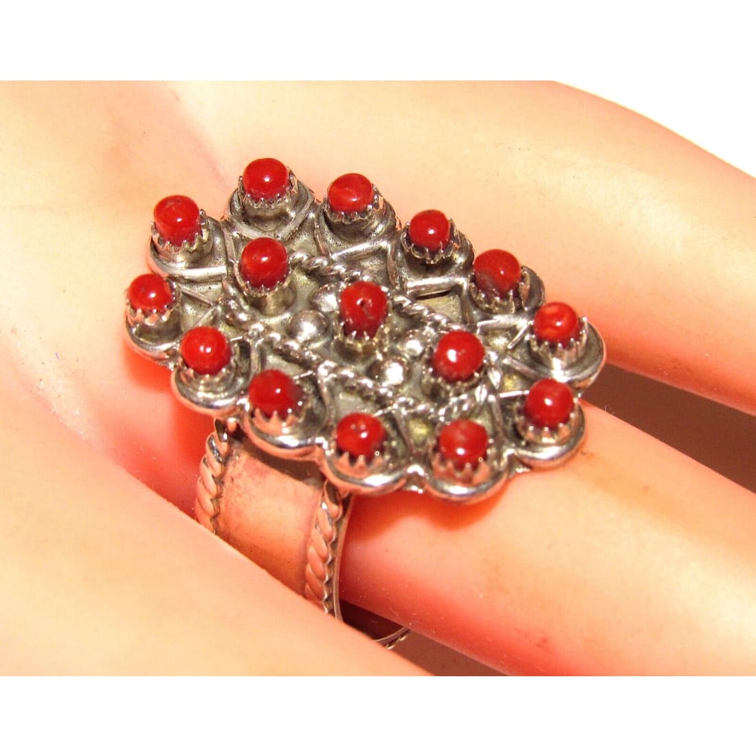 Zuni Snake Eye Coral Ring Size 8 Sterling Silver Native