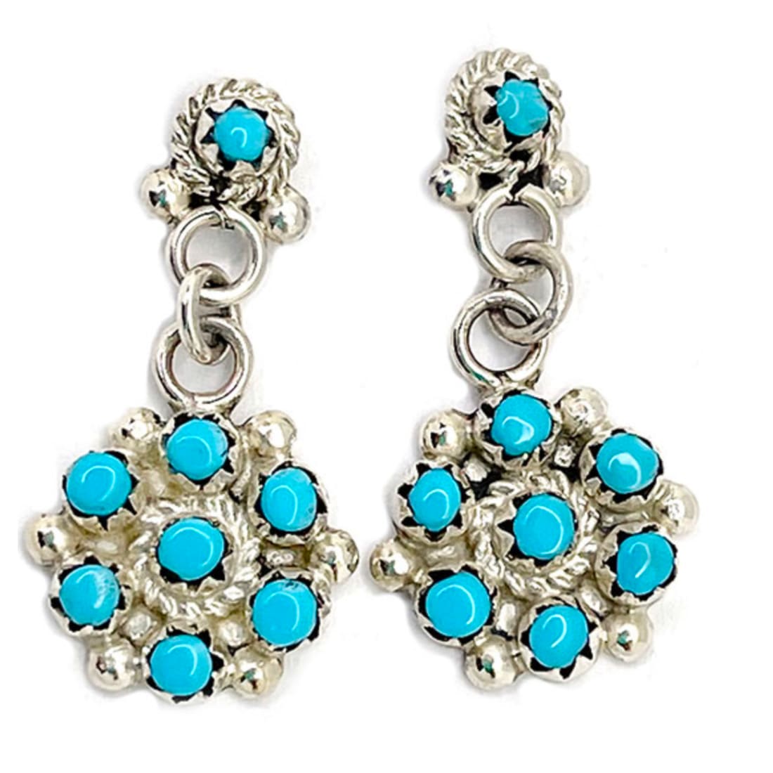 Zuni Snake Eye Turquoise Dangle Earrings Sterling Silver