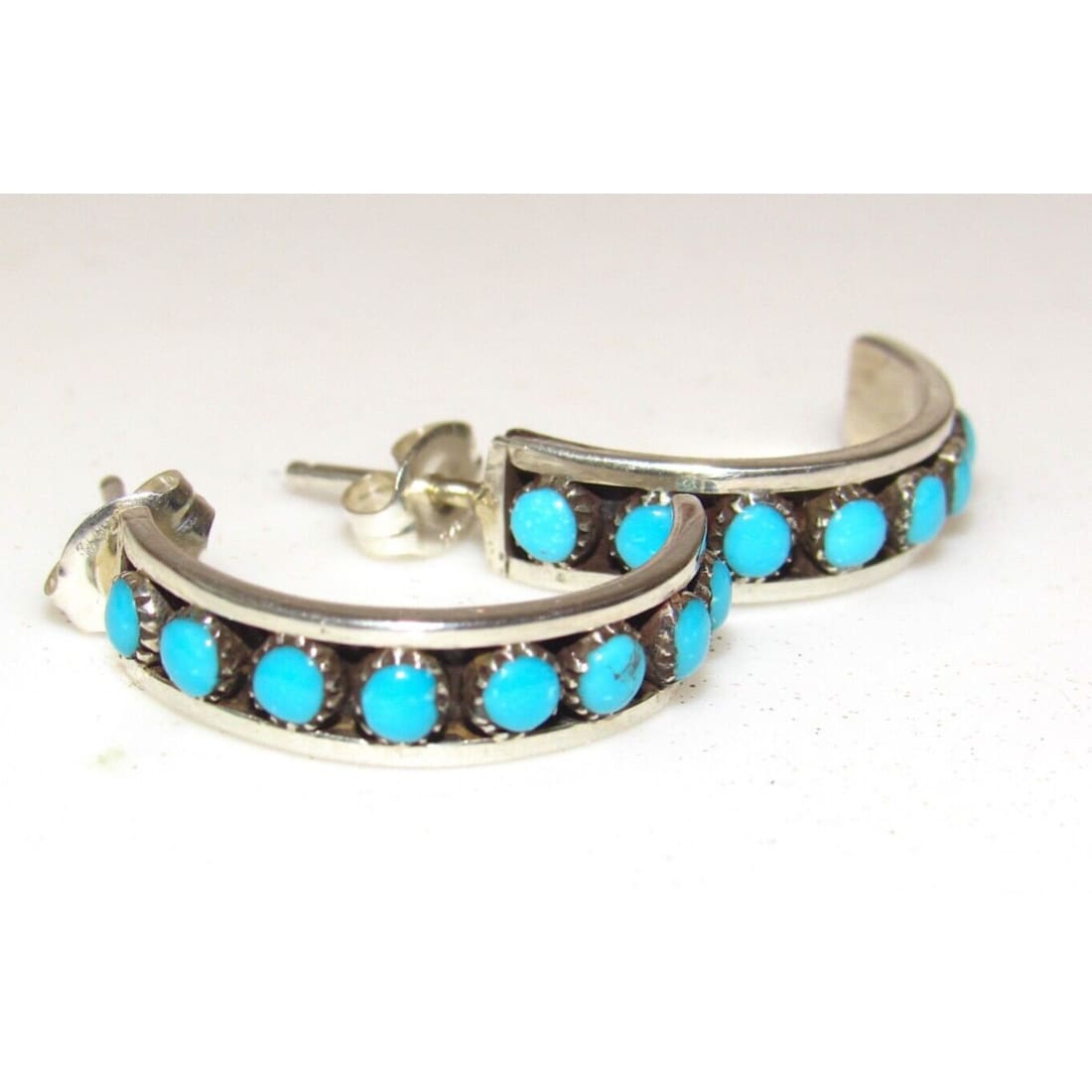Zuni Snake Eye Turquoise Small Hoop Earrings Sterling Silver