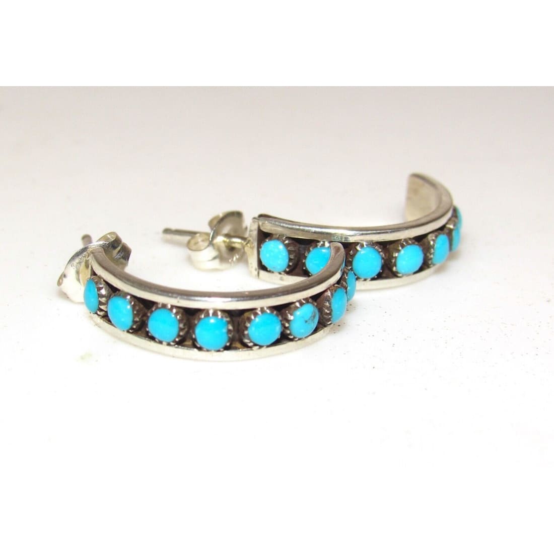 Zuni Snake Eye Turquoise Small Hoop Earrings Sterling Silver