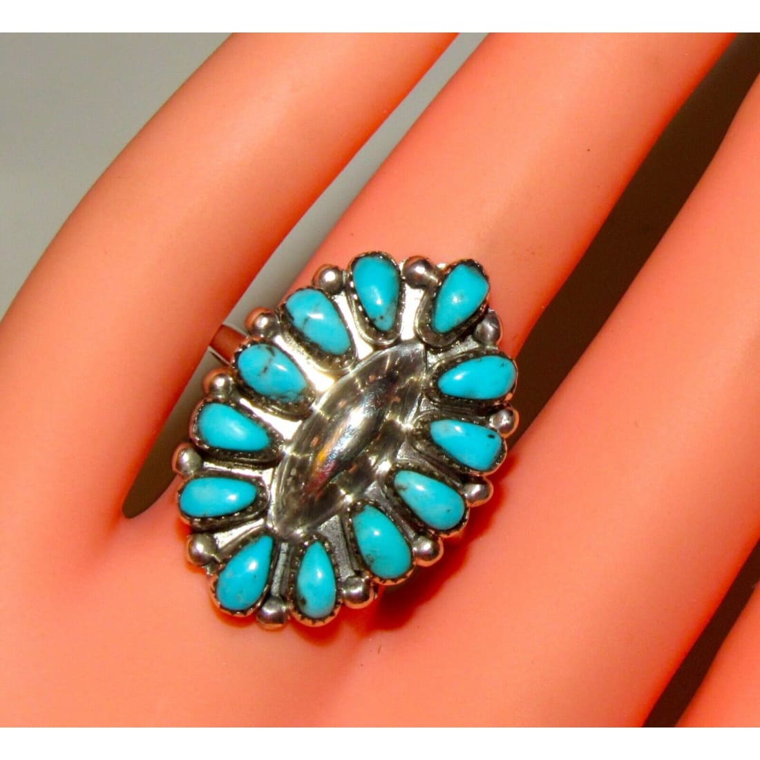 Zuni Turquoise Cluster Ring Size 7 Sterling Silver Mary Ann