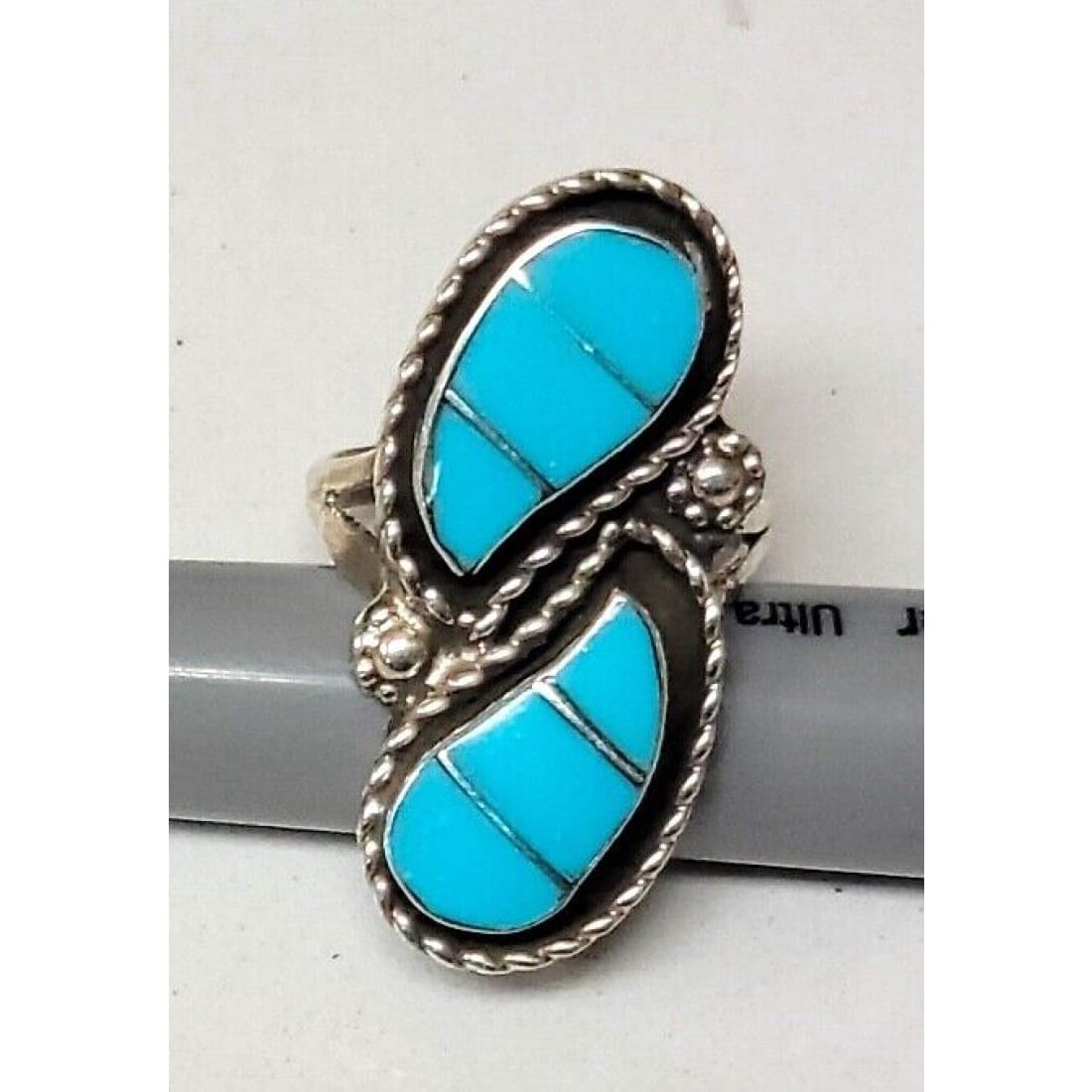 Zuni Turquoise inlay Ring Sz 6.5 Sterling Silver Native
