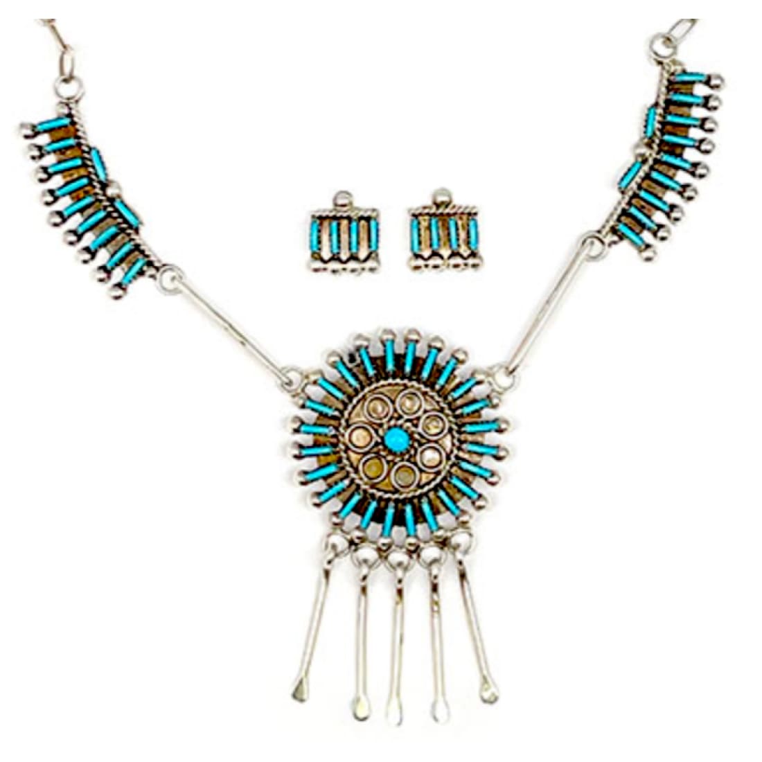 Zuni Turquoise Necklace and Earrings Set Sterling Silver