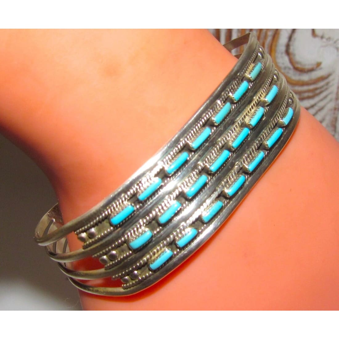 Zuni Turquoise Needlepoint Cuff Bracelet Sterling Silver