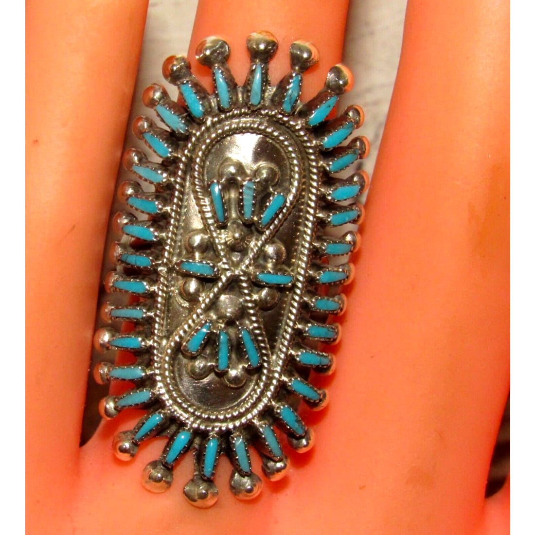 Zuni Turquoise Petit Point Statement Ring Size 6.5 Sterling