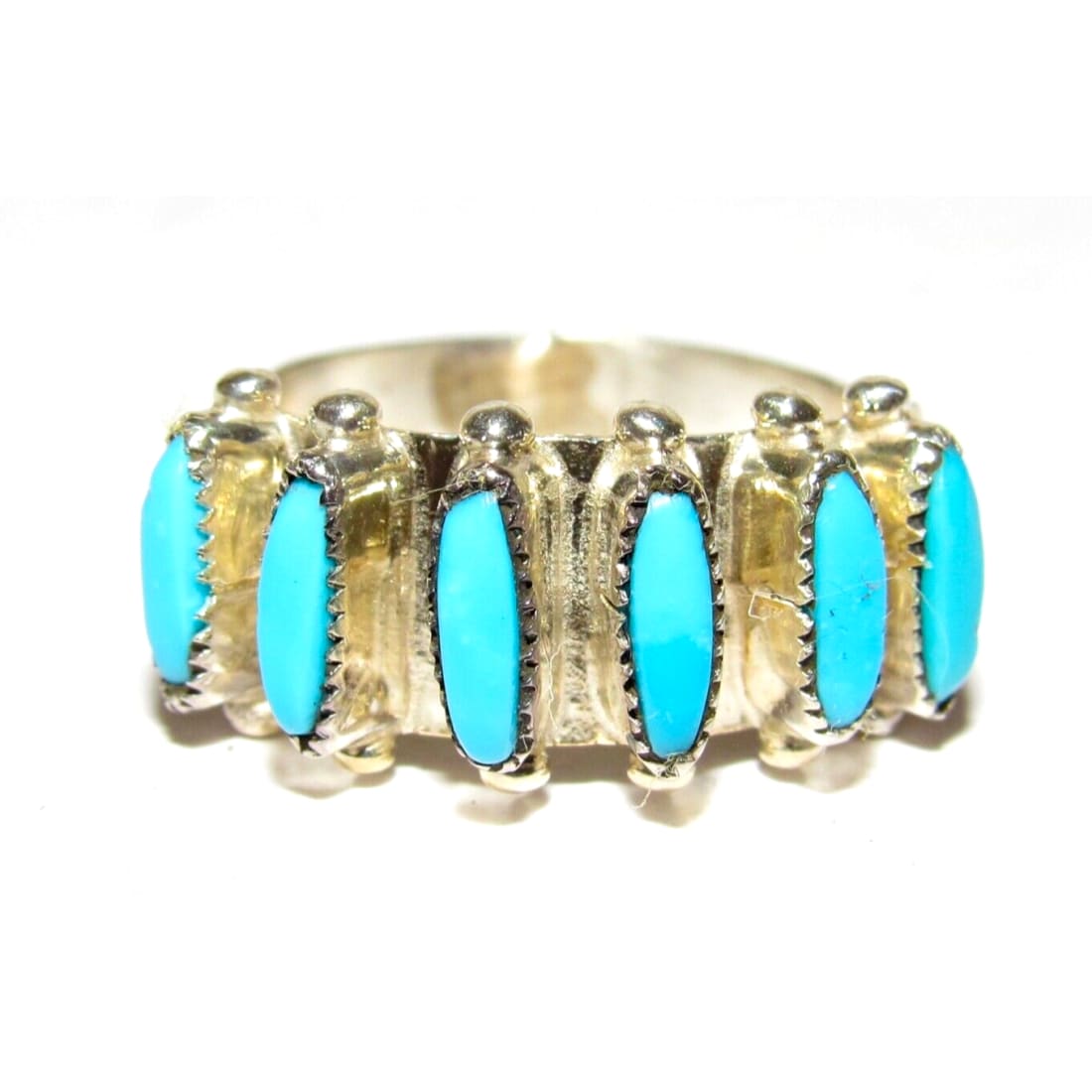 Zuni Turquoise Petite Point Ring Sz 7 Sterling Signed Native