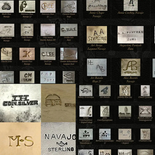 Guide showing various Native American jewelry maker marks and stamps to explain how to authenticate Native American jewelry