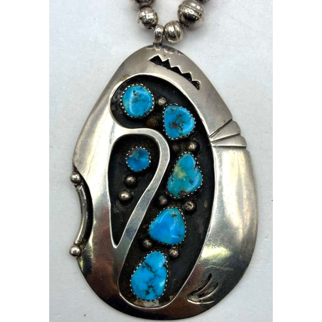 Old Pawn Navajo Kingman Turquoise Pendant Necklace Sterling Navajo Pearls Necklace