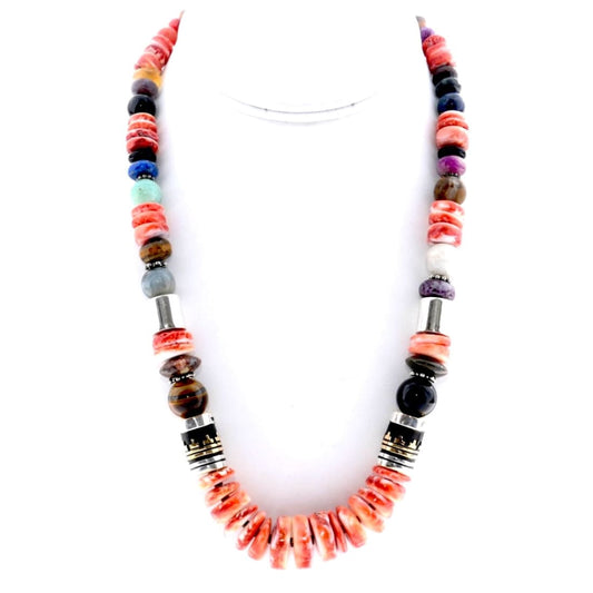 Navajo Tommy Singer Orange Spiny Heishi Necklace Sterling Silver 12K Gold 20"