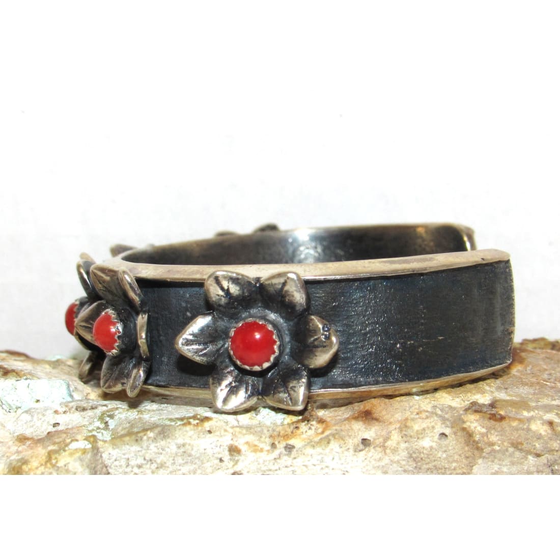 Navajo Sterling Silver Red Coral Flower Blossom Statement Cuff Bracelet M. Tom