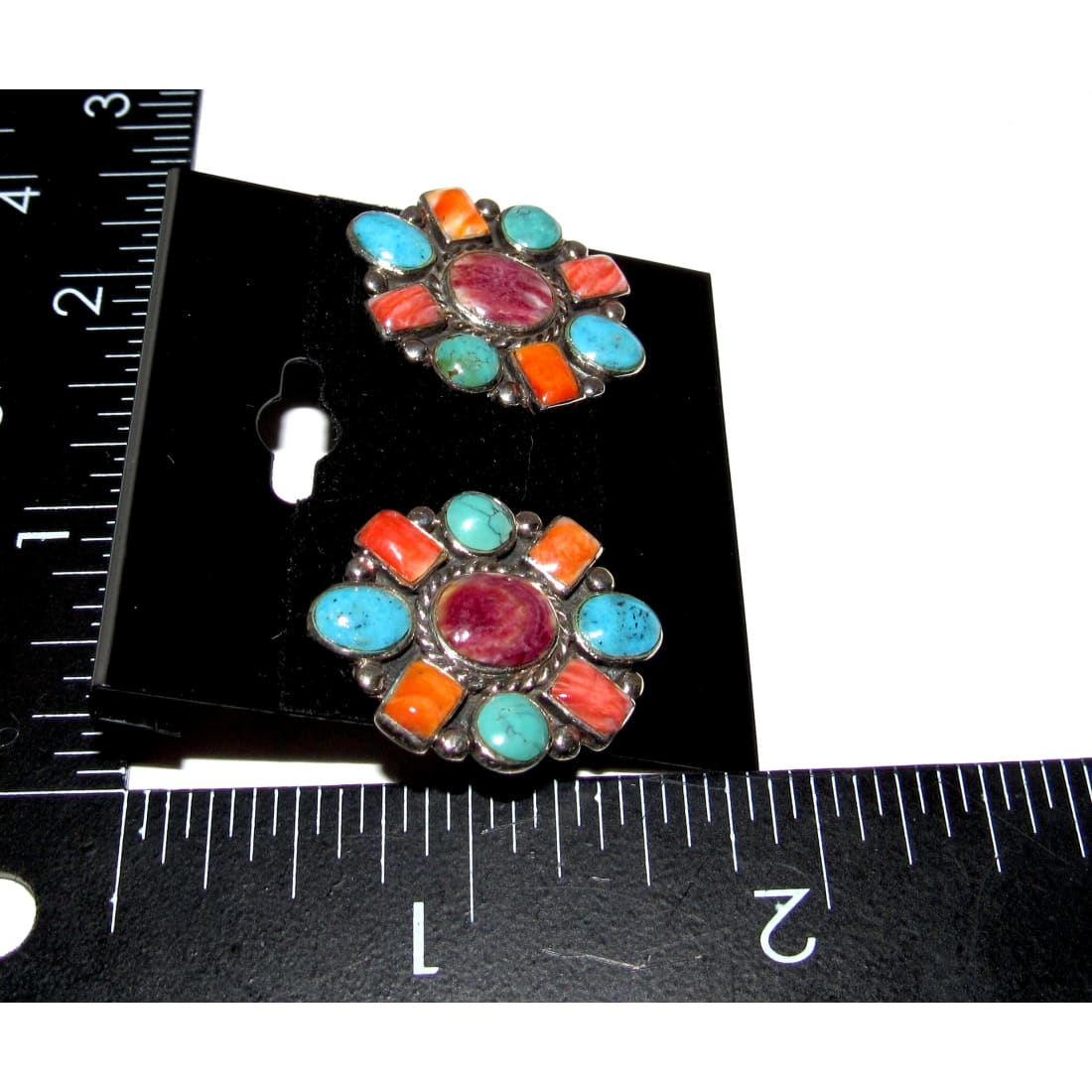 Vintage Navajo Turquoise Purple Orange Spiny Cluster Earrings Sterling Silver