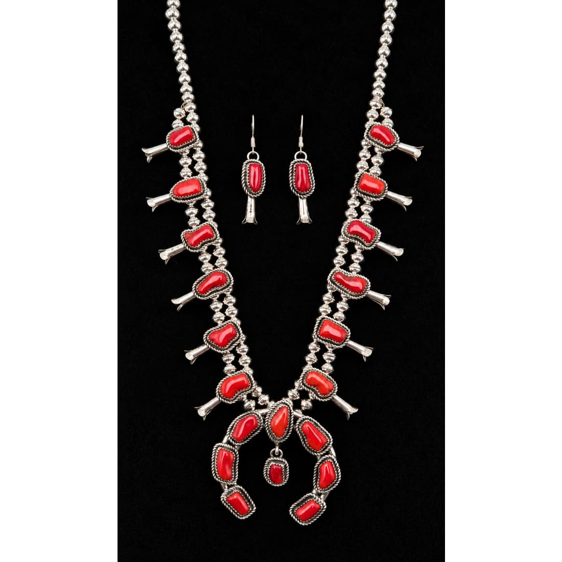 Navajo Mediterranean Coral Squash Blossom Necklace & Earrings Set Sterling