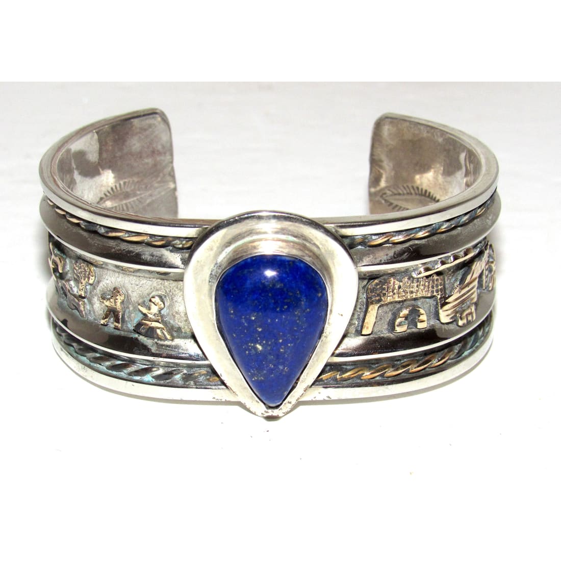 Vintage Navajo Sterling Silver Lapis Storyteller Cuff Bracelet